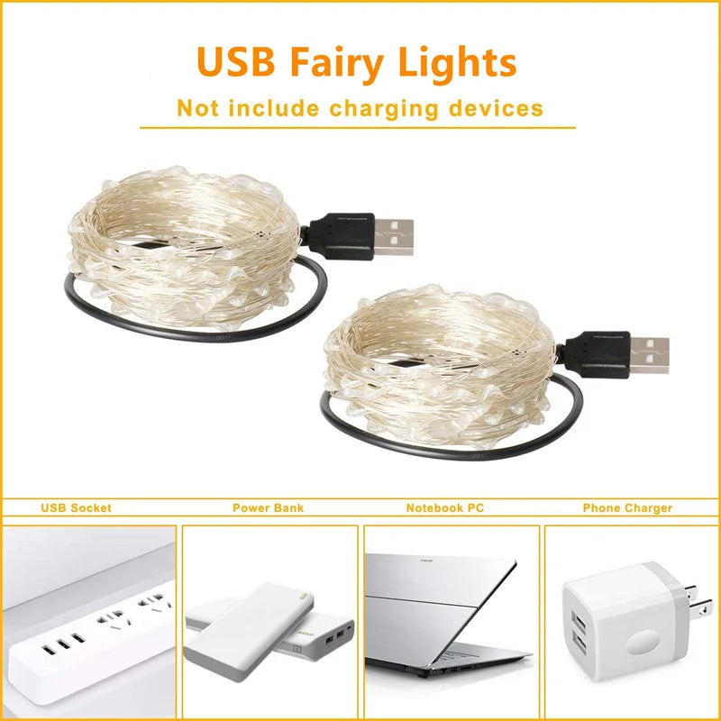 ✨ Luzes LED USB em Fio de Cobre – 20M 200 LEDs