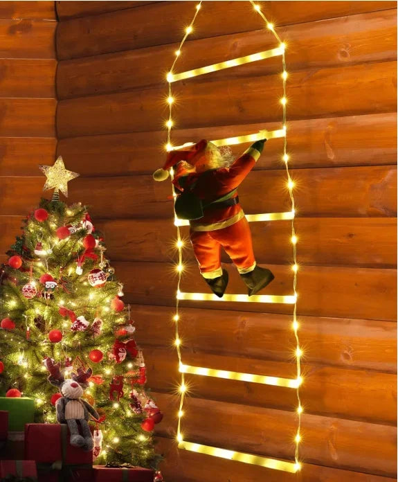 Decoração Natal LED — Pai Natal a Subir Escada (USB, 8 Modos de Luz)