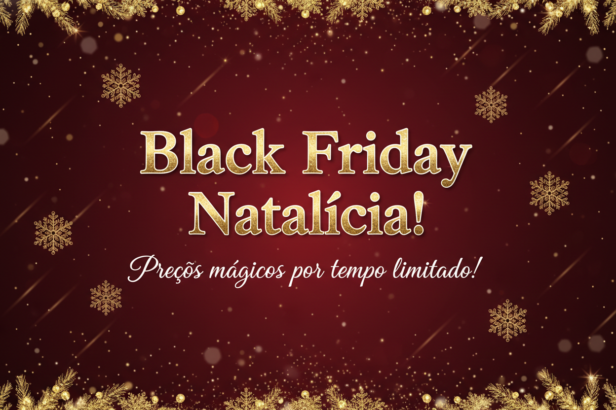 Banner de Black Friday natalícia em estilo Premium/Luxo, fundo vermelho escuro com brilhos dourados, texto destacado: "Black Friday Natalícia! Preços mágicos por tempo limitado!", elegante e apelativo, formato horizontal grande para homepage, 1920x700 px.
