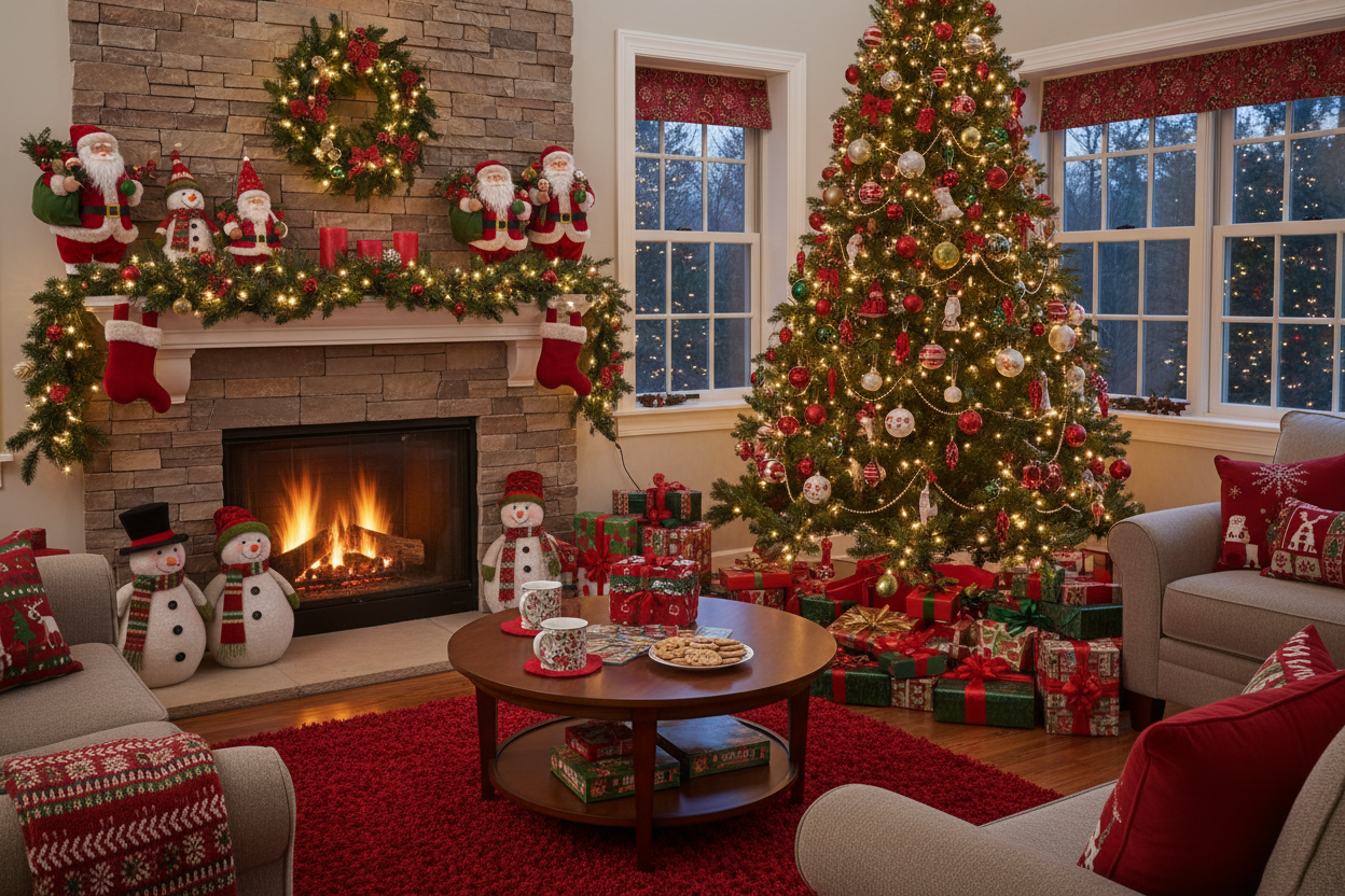 decoraçao de natal, luzes de natal, ambiente m familia, bonecos de natal, presentes